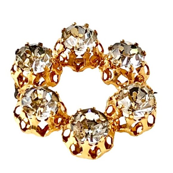 Made in Austria Vintage Crystal Round Brooch Goldtone and Clear - Picture 2 of 10